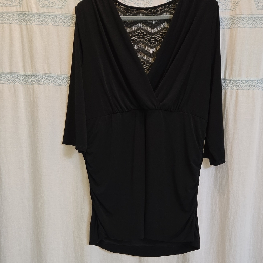 Torrid Black ¾ Sleeve Lace Accent Top with Ruched Sides